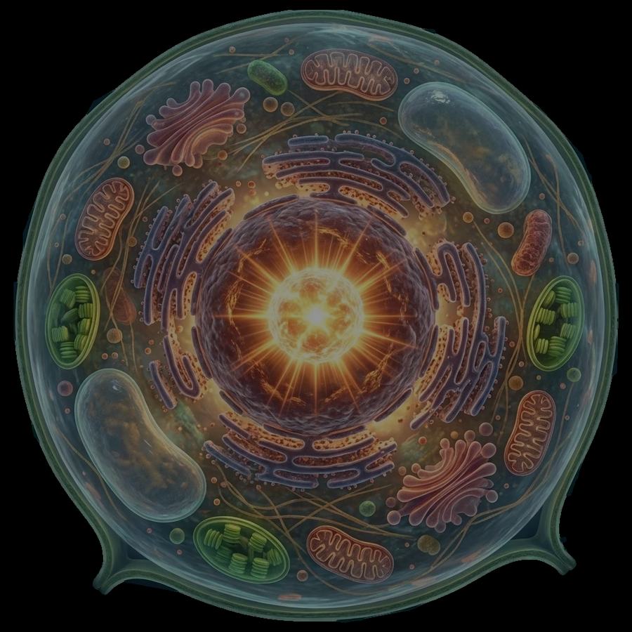 A biological cell rendered with a luminous core