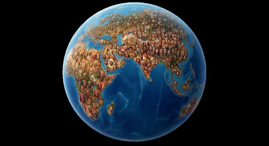 A globe whose continents are formed from human faces