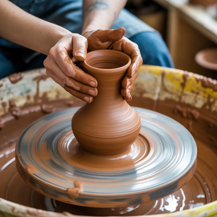 A potter's hands shaping wet clay on a wheel